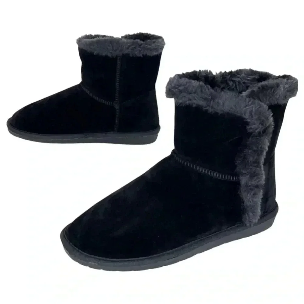 Sugar Polly Black Velvet Faux Fur Trim Womens Ankle Boots Size 6M